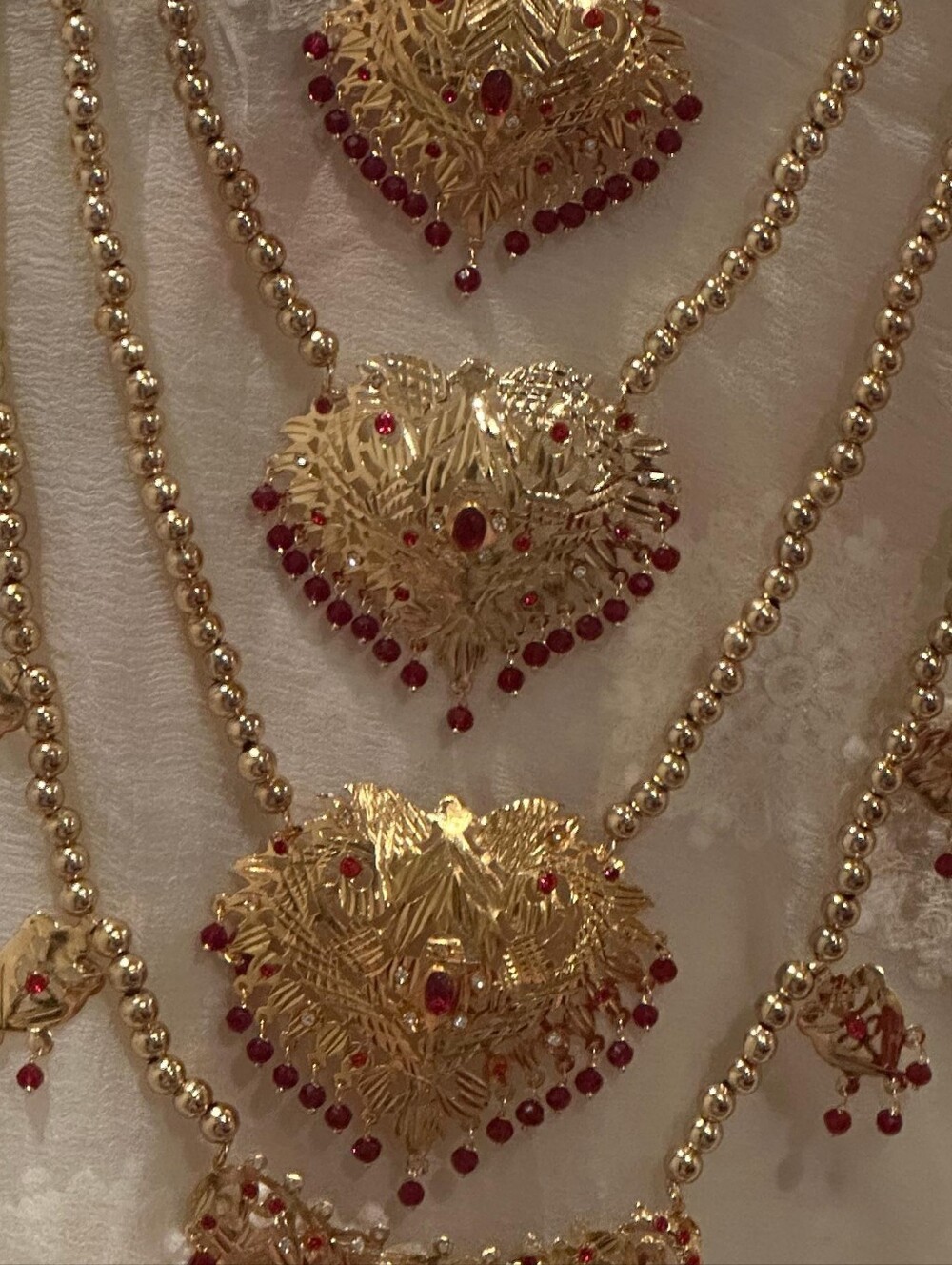 Traditional Gold-Tone Multi-Layer Necklace Set with Red Accents - Picture 6 of 16